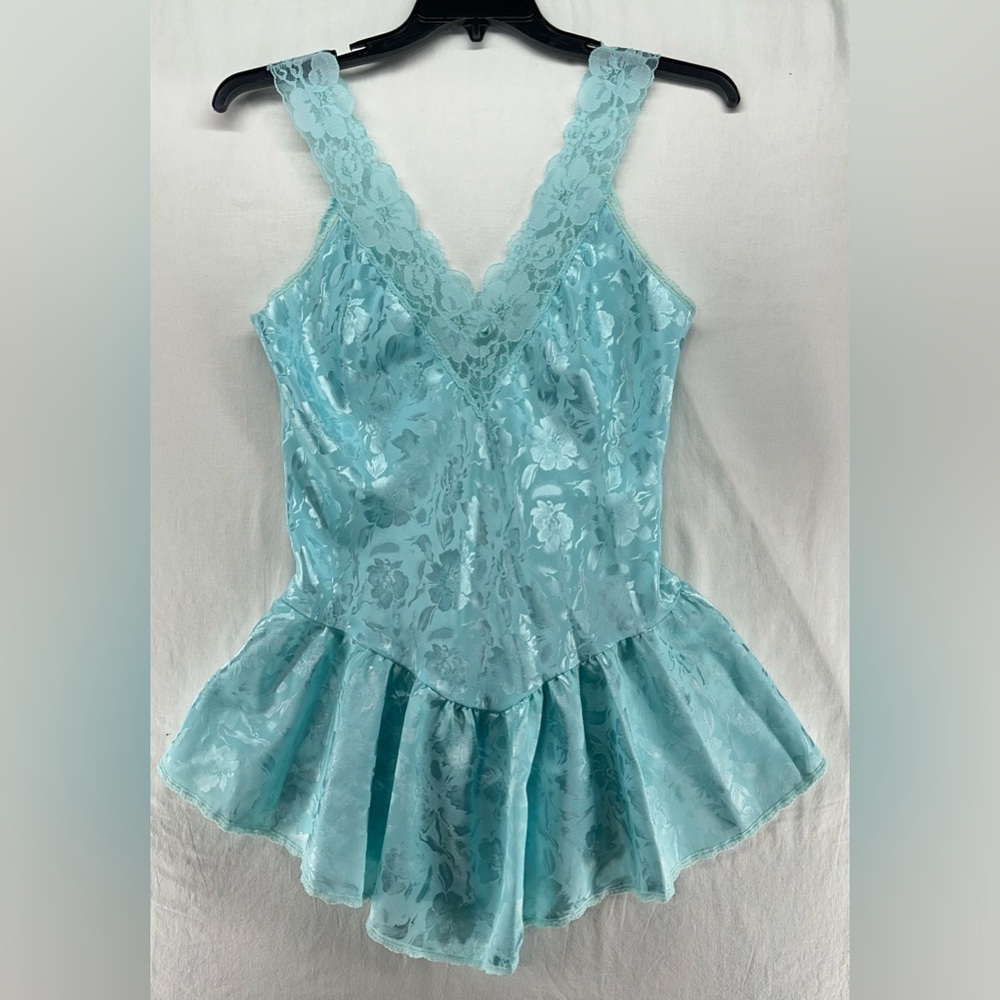 Victoria's‎ Secret Vintage Gold Label Light Blue Satin Slip Dress Lace Small